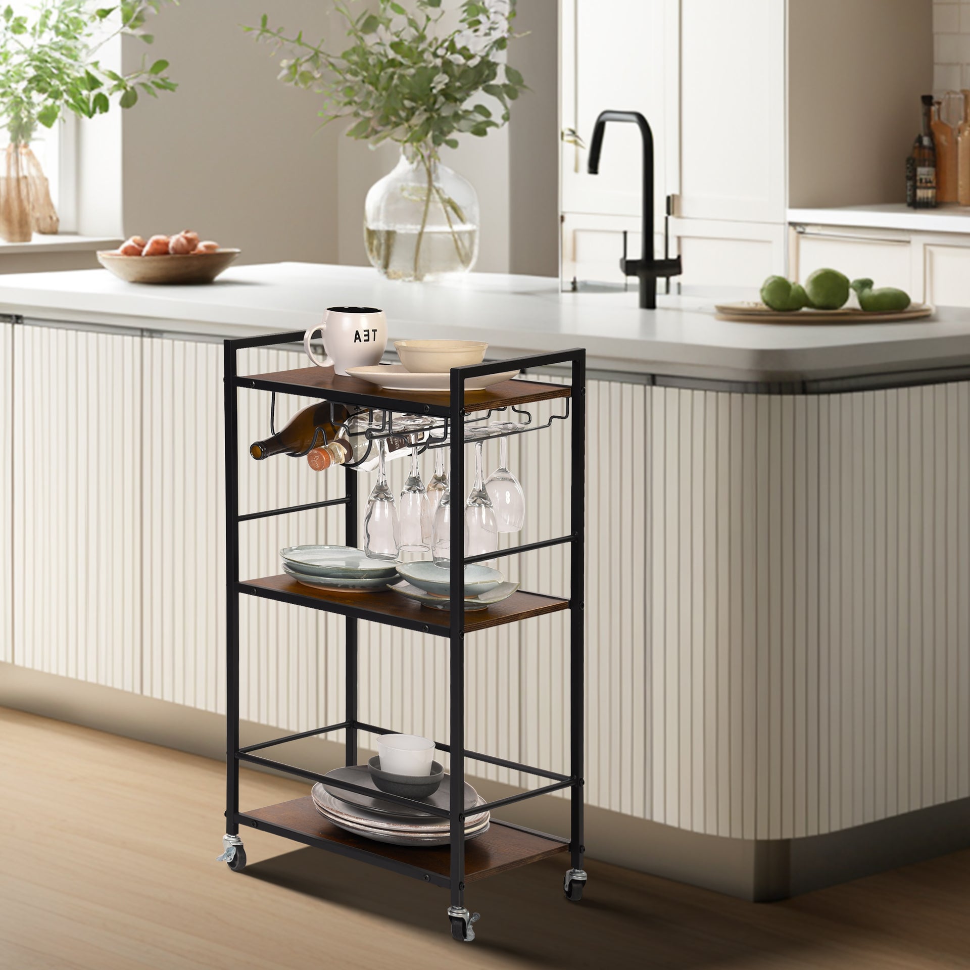 MeubleR Support de cuisine rustique pour micro-ondes, petit meuble de rangement à 3 niveaux avec 6 crochets, chariot de cuisine sur roulettes, structure en métal, marron vintage 