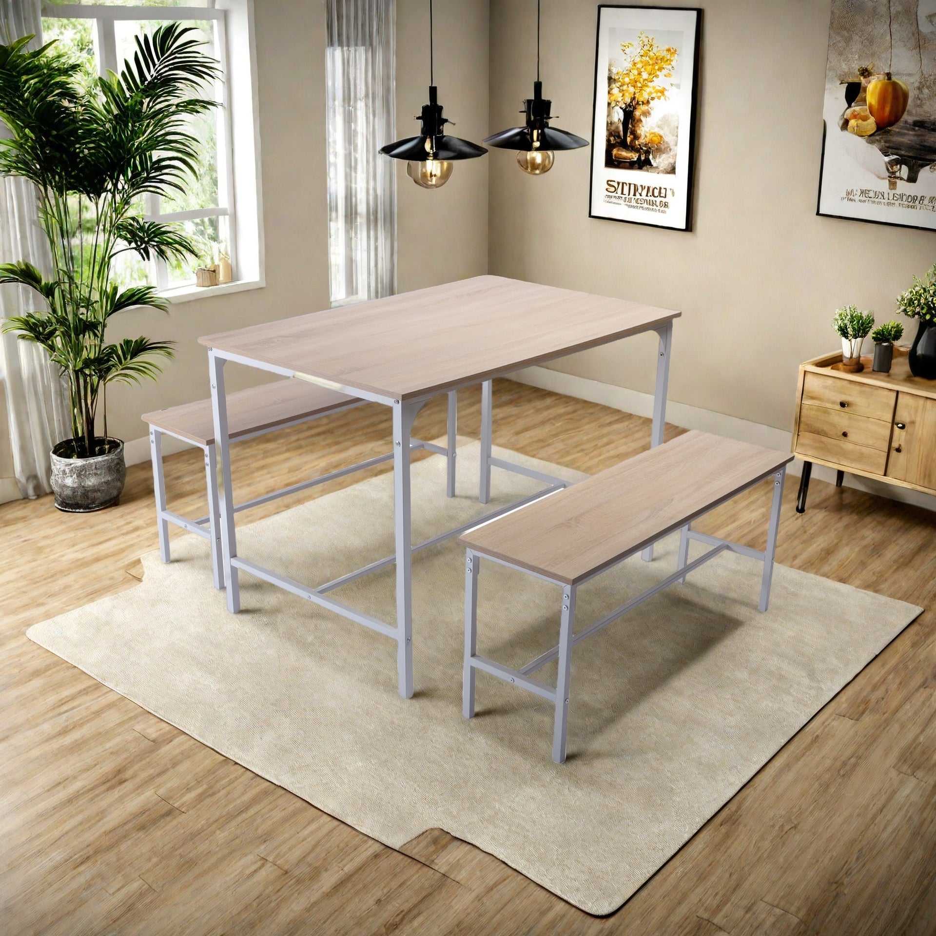 Ensemble table et chaises de salle à manger FurnitureR pour 4 personnes, ensemble 3 pièces avec structure en métal et plateau en MDF, 110 cm (43,3 pouces), chêne, idéal pour la cuisine et la salle à manger.