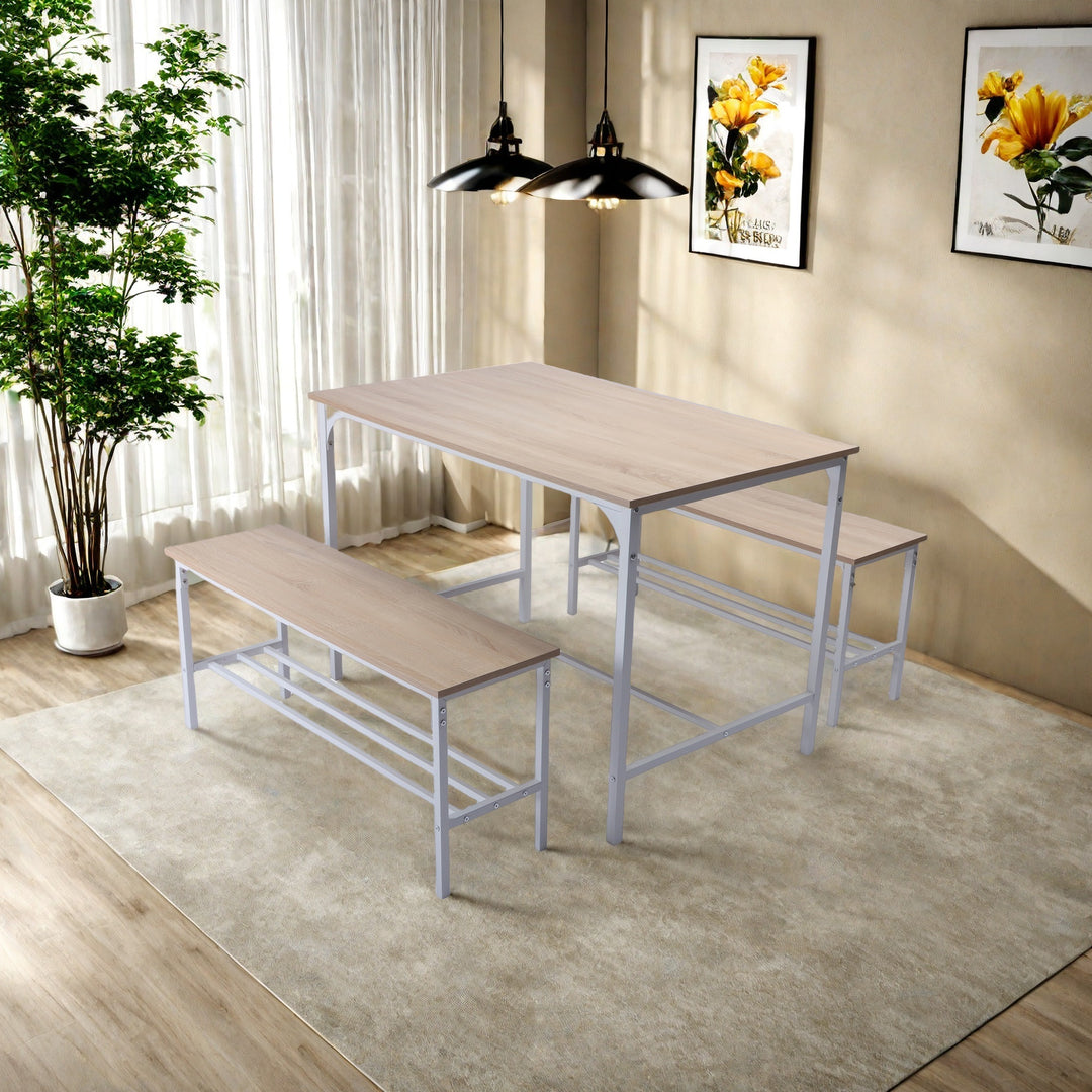 FurnitureR Essgruppe, 3-teilig mit Ablagefächern, Metallgestell und MDF-Platte, Essbereich für Küche, Esszimmer, Restaurant, Eiche