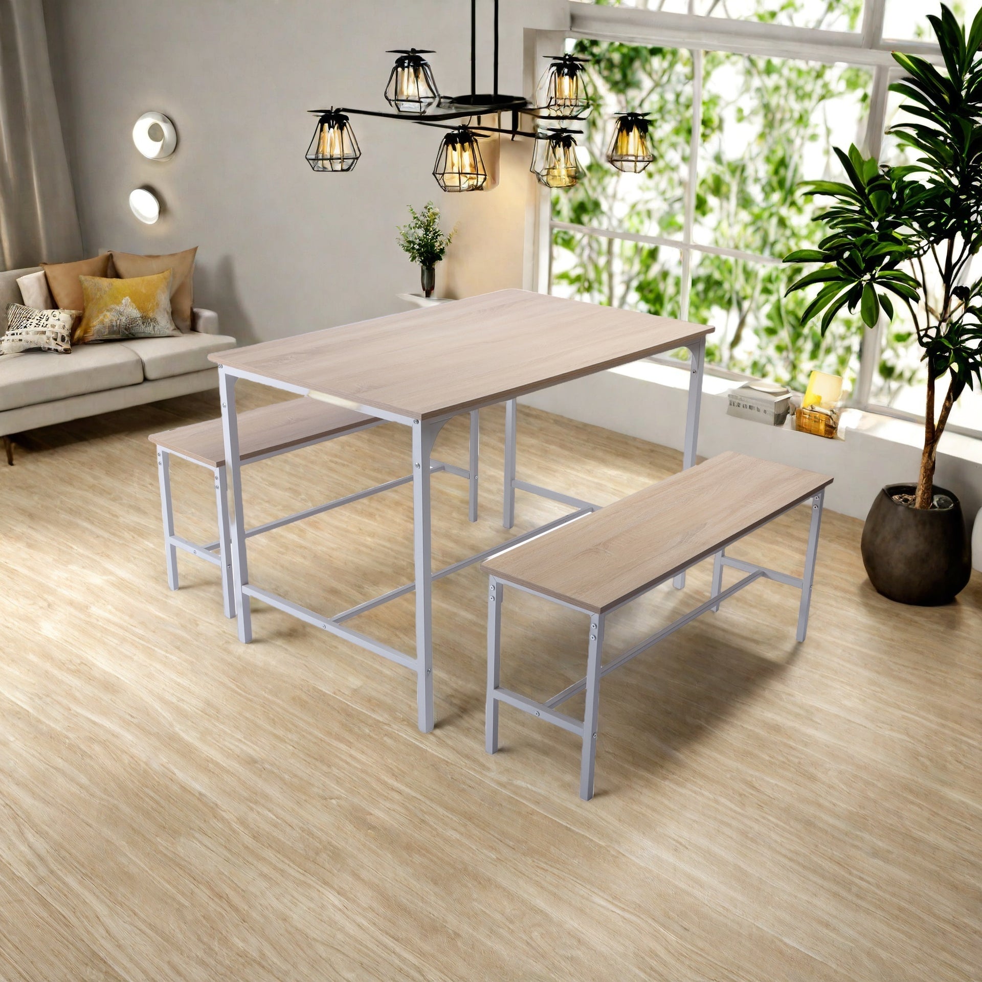Ensemble table et chaises de salle à manger FurnitureR pour 4 personnes, ensemble 3 pièces avec structure en métal et plateau en MDF, 110 cm (43,3 pouces), chêne, idéal pour la cuisine et la salle à manger.