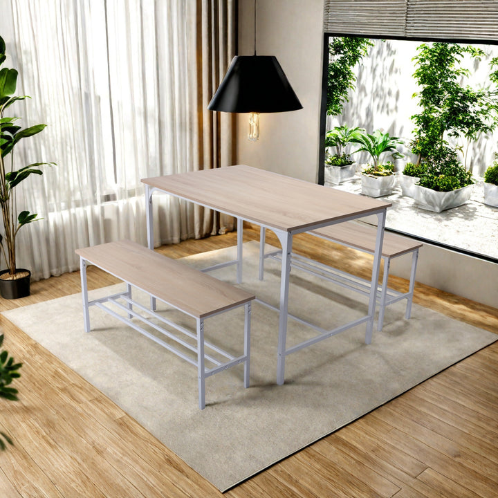 FurnitureR Essgruppe, 3-teilig mit Ablagefächern, Metallgestell und MDF-Platte, Essbereich für Küche, Esszimmer, Restaurant, Eiche