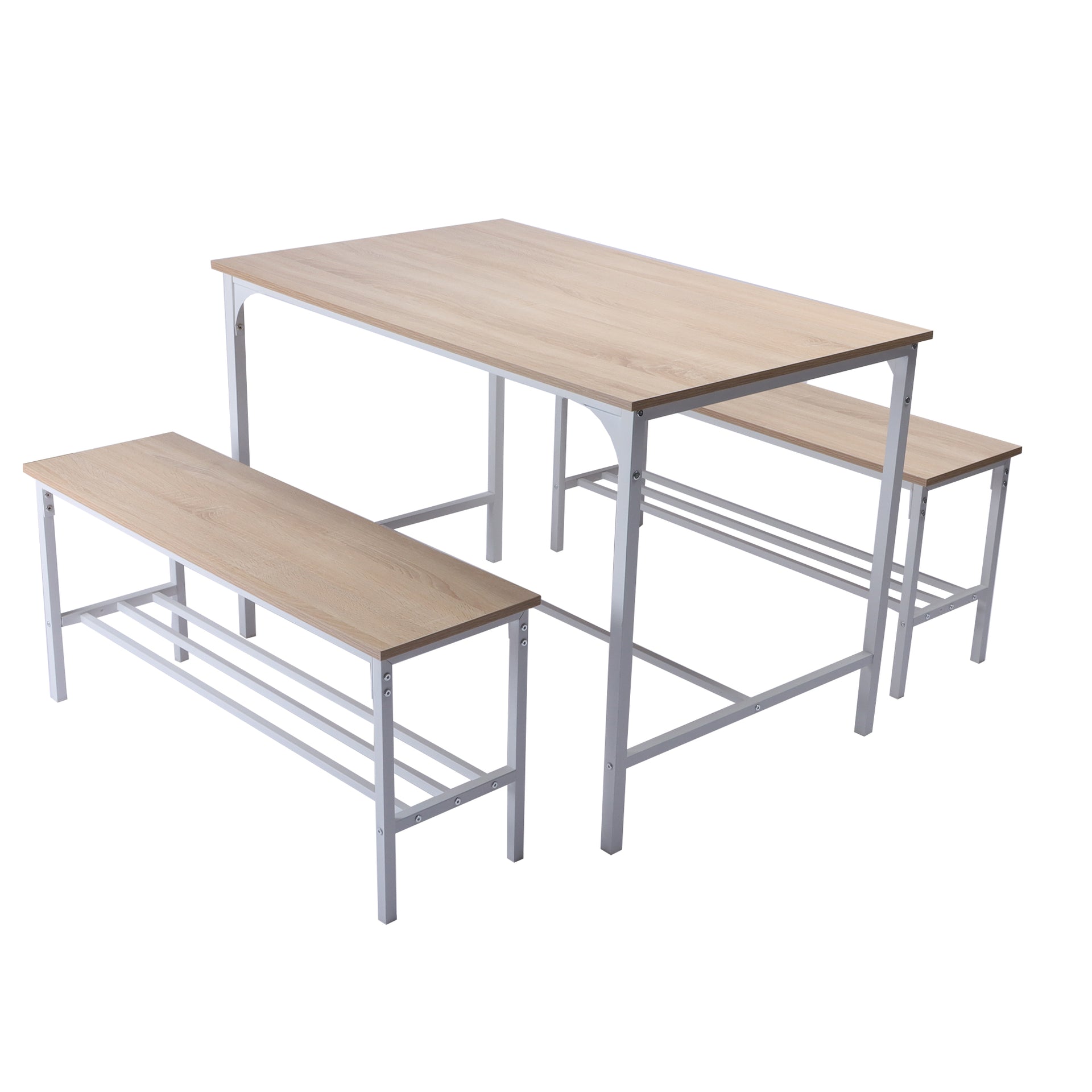Ensemble de salle à manger FurnitureR, 3 pièces avec étagères de rangement, structure en métal et plateau en MDF, idéal pour la cuisine, la salle à manger ou un restaurant, en chêne.