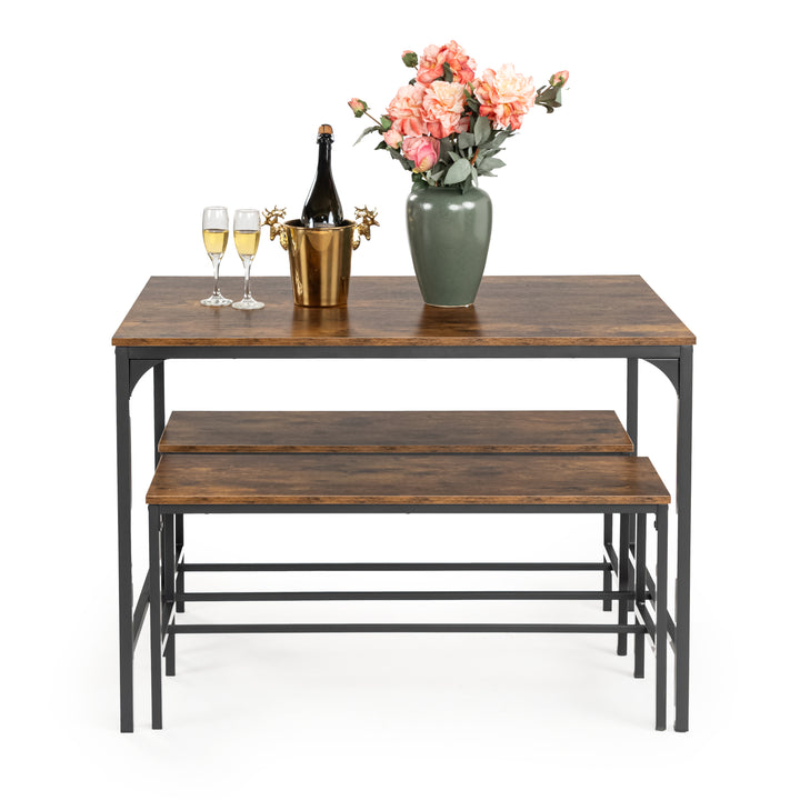 Ensemble de salle à manger 3 pièces FurnitureR avec 2 bancs, gain de place pour la cuisine et la salle à manger, idéal pour la maison ou le restaurant, structure en métal et plateau en MDF, marron