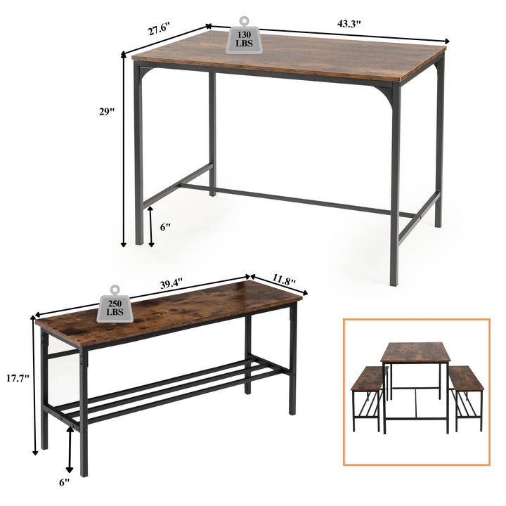 Ensemble table et bancs 3 pièces FurnitureR pour 4 personnes, style campagnard, marron.