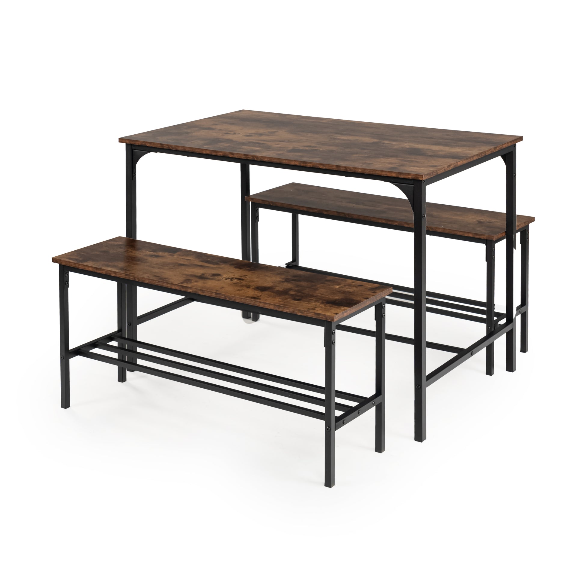 Ensemble table et bancs 3 pièces FurnitureR pour 4 personnes, style campagnard, marron.