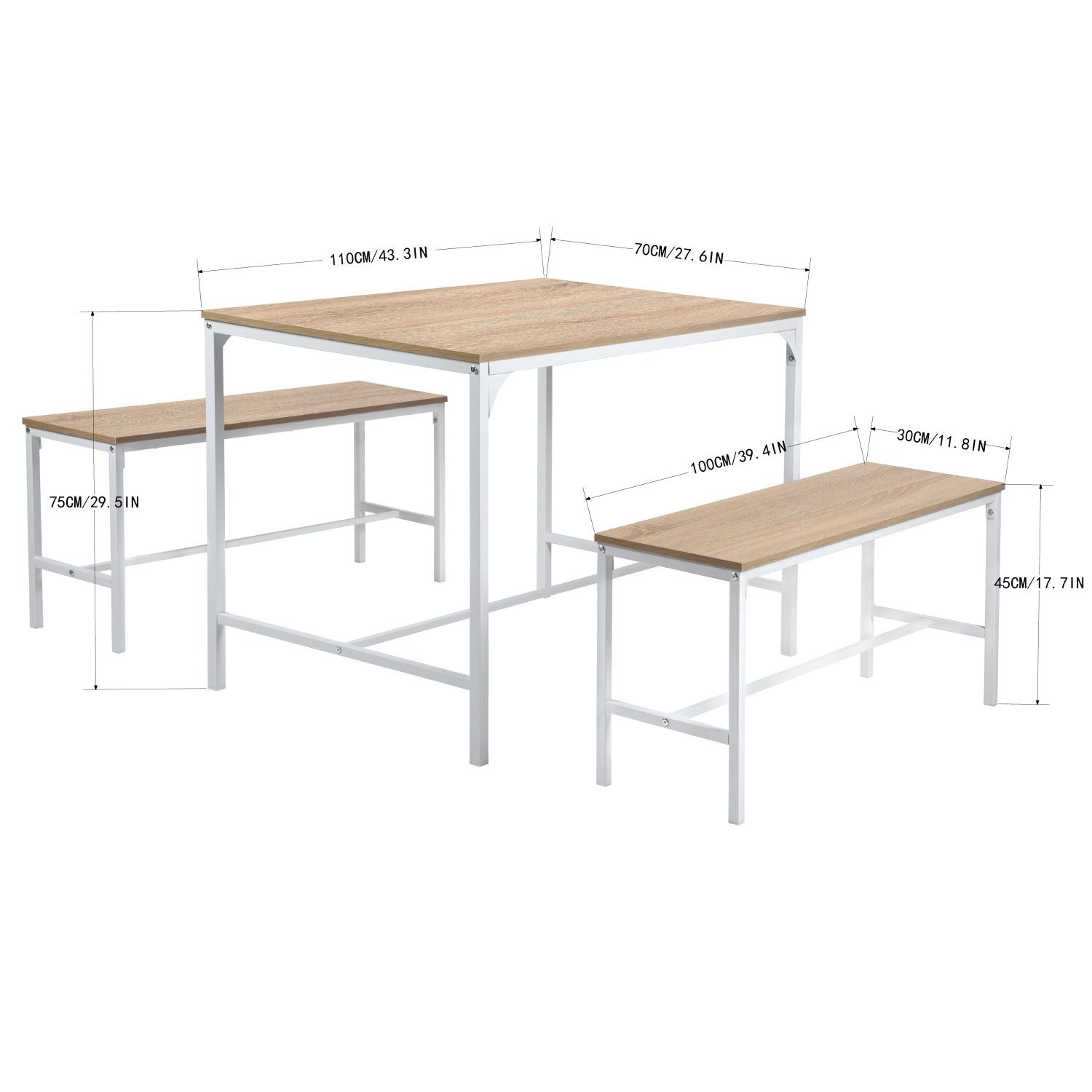 Ensemble table et chaises de salle à manger FurnitureR 3 pièces, table de cuisine de 110 cm avec 2 bancs pour 4 personnes, panneau MDF, coin repas pour la maison ou un restaurant, hêtre blanc