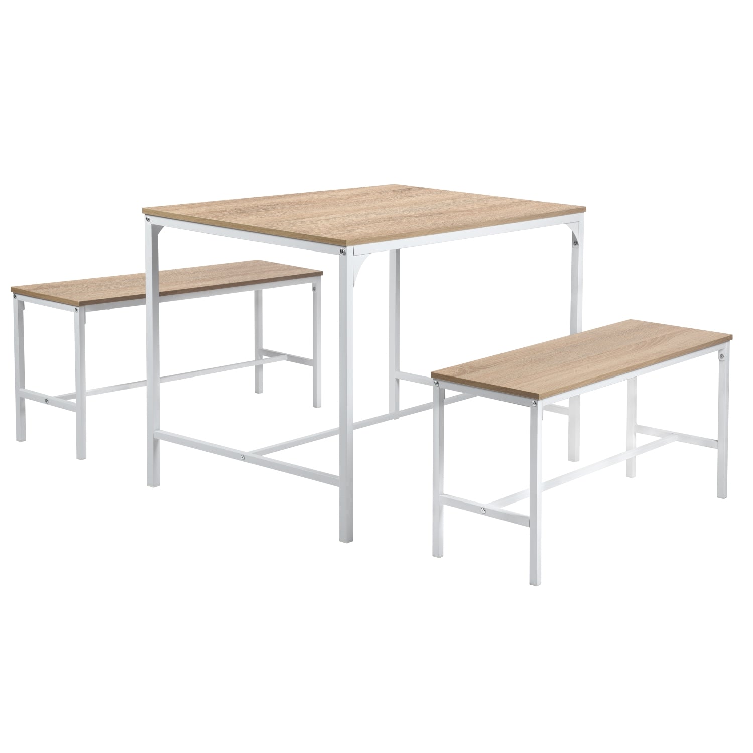 Ensemble table et chaises de salle à manger FurnitureR 3 pièces, table de cuisine de 110 cm avec 2 bancs pour 4 personnes, panneau MDF, coin repas pour la maison ou un restaurant, hêtre blanc
