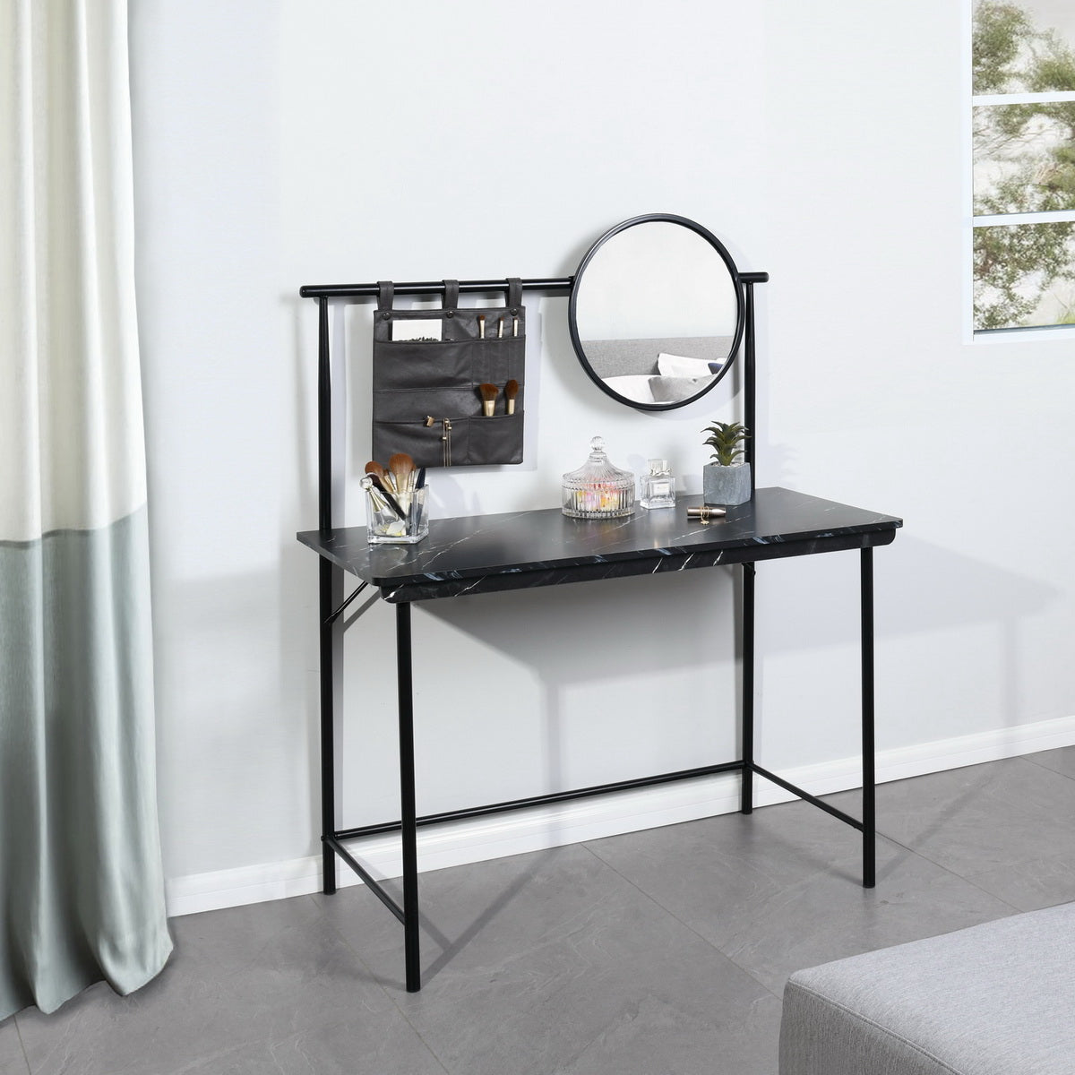 Coiffeuse FurnitureR avec miroir circulaire amovible, table de maquillage simple, coiffeuse multifonctionnelle, bureau d'écriture pour chambre, noire 