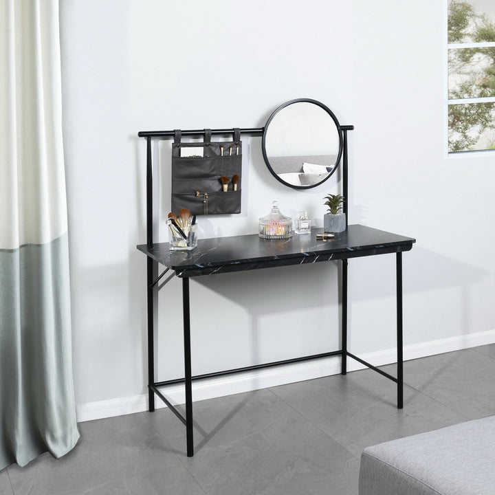 FurnitureR Schminktisch mit abnehmbarem runden Spiegel, schlichter Schminktisch, multifunktionaler Schminktisch/Schreibtisch für Schlafzimmer, Schwarz 