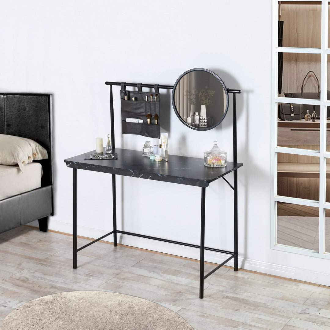 FurnitureR Schminktisch mit abnehmbarem runden Spiegel, schlichter Schminktisch, multifunktionaler Schminktisch/Schreibtisch für Schlafzimmer, Schwarz 