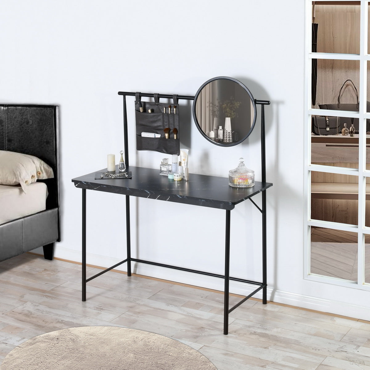 Coiffeuse FurnitureR avec miroir circulaire amovible, table de maquillage simple, coiffeuse multifonctionnelle, bureau d'écriture pour chambre, noire 