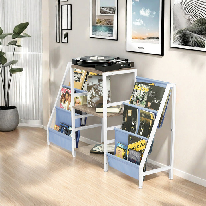 Meuble de rangement pour platine vinyle FurnitureR avec 3 niveaux de rangement et poches en tissu double face – Table console multimédia pour platine, chêne et blanc/bleu