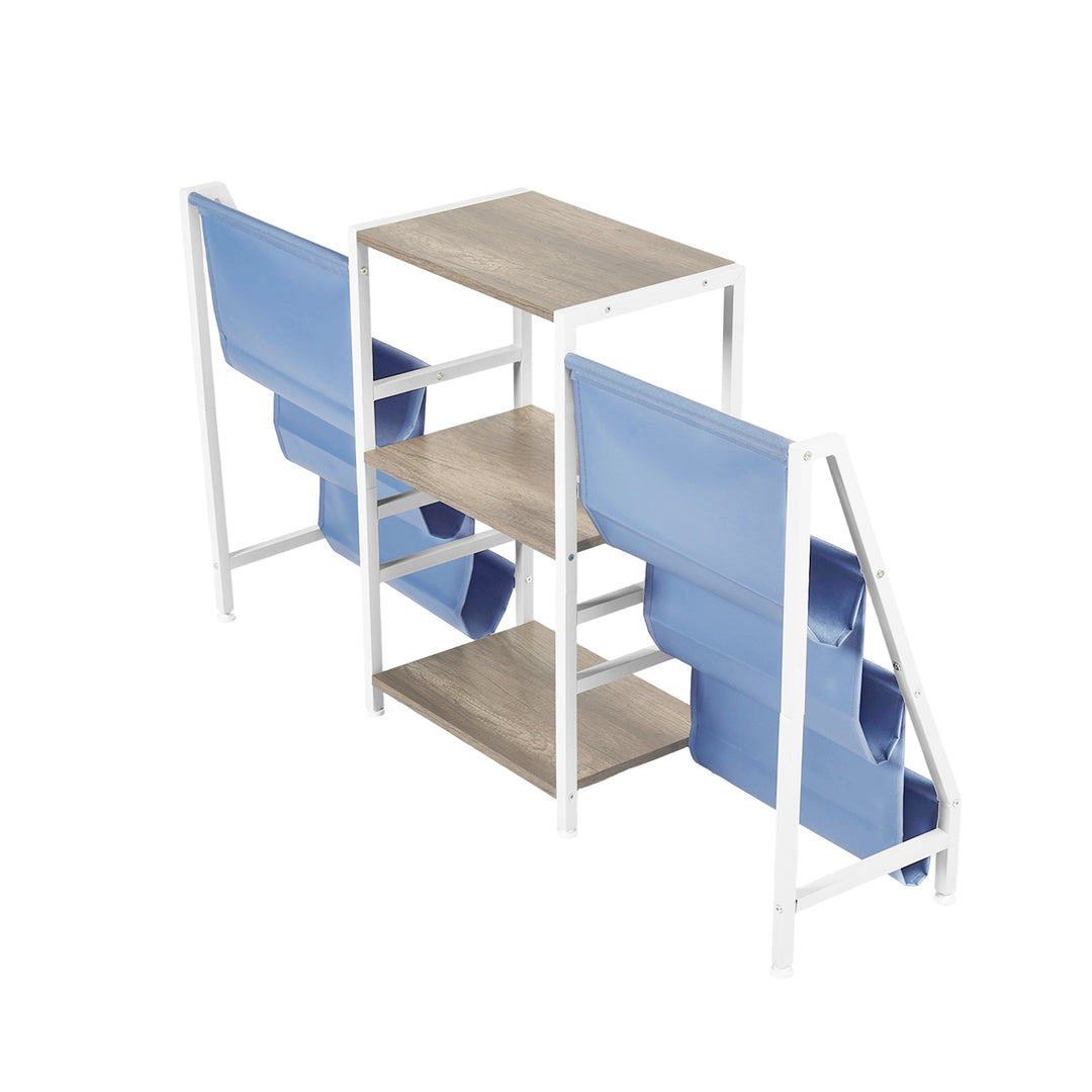 Meuble de rangement pour platine vinyle FurnitureR avec 3 niveaux de rangement et poches en tissu double face – Table console multimédia pour platine, chêne et blanc/bleu