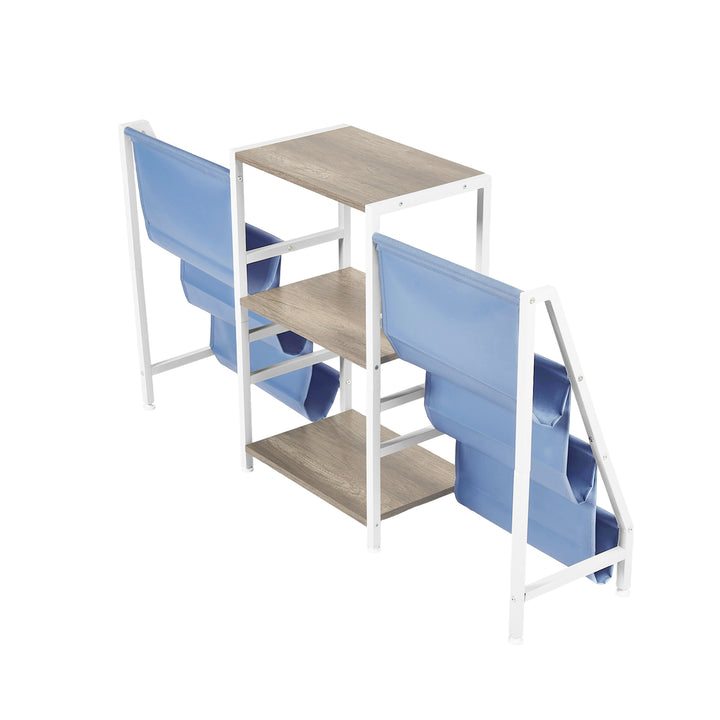 Meuble de rangement pour platine vinyle FurnitureR avec 3 niveaux de rangement et poches en tissu double face – Table console multimédia pour platine, chêne et blanc/bleu
