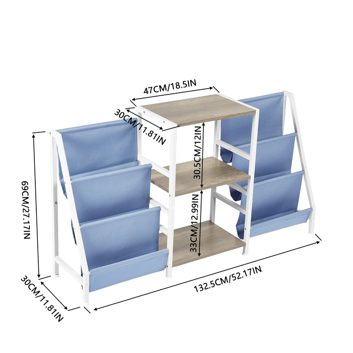 Meuble de rangement pour platine vinyle FurnitureR avec 3 niveaux de rangement et poches en tissu double face – Table console multimédia pour platine, chêne et blanc/bleu