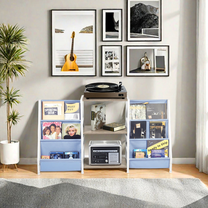 Meuble de rangement pour platine vinyle FurnitureR avec 3 niveaux de rangement et poches en tissu double face – Table console multimédia pour platine, chêne et blanc/bleu