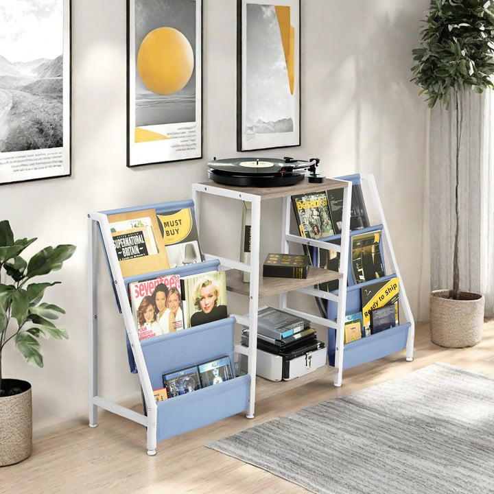 Meuble de rangement pour platine vinyle FurnitureR avec 3 niveaux de rangement et poches en tissu double face – Table console multimédia pour platine, chêne et blanc/bleu