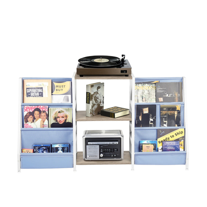 Meuble de rangement pour platine vinyle FurnitureR avec 3 niveaux de rangement et poches en tissu double face – Table console multimédia pour platine, chêne et blanc/bleu