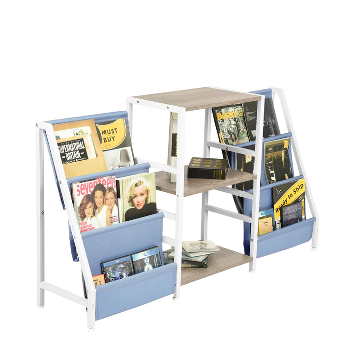 Meuble de rangement pour platine vinyle FurnitureR avec 3 niveaux de rangement et poches en tissu double face – Table console multimédia pour platine, chêne et blanc/bleu