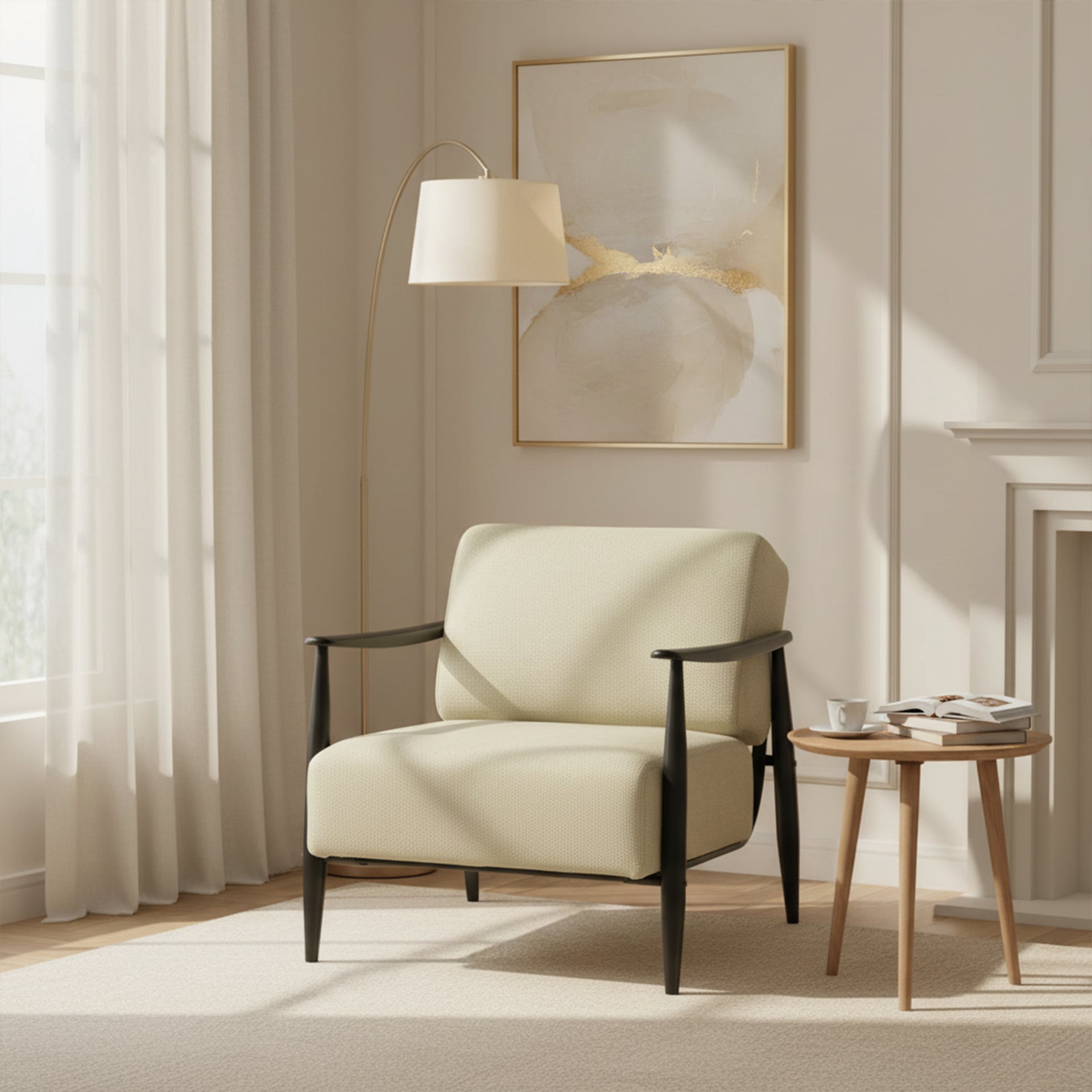 Fauteuil d'appoint moderne du milieu du siècle FurnitureR, fauteuil rembourré beige avec cadre marron massif, fauteuil de lecture confortable pour salon, chambre, bureau