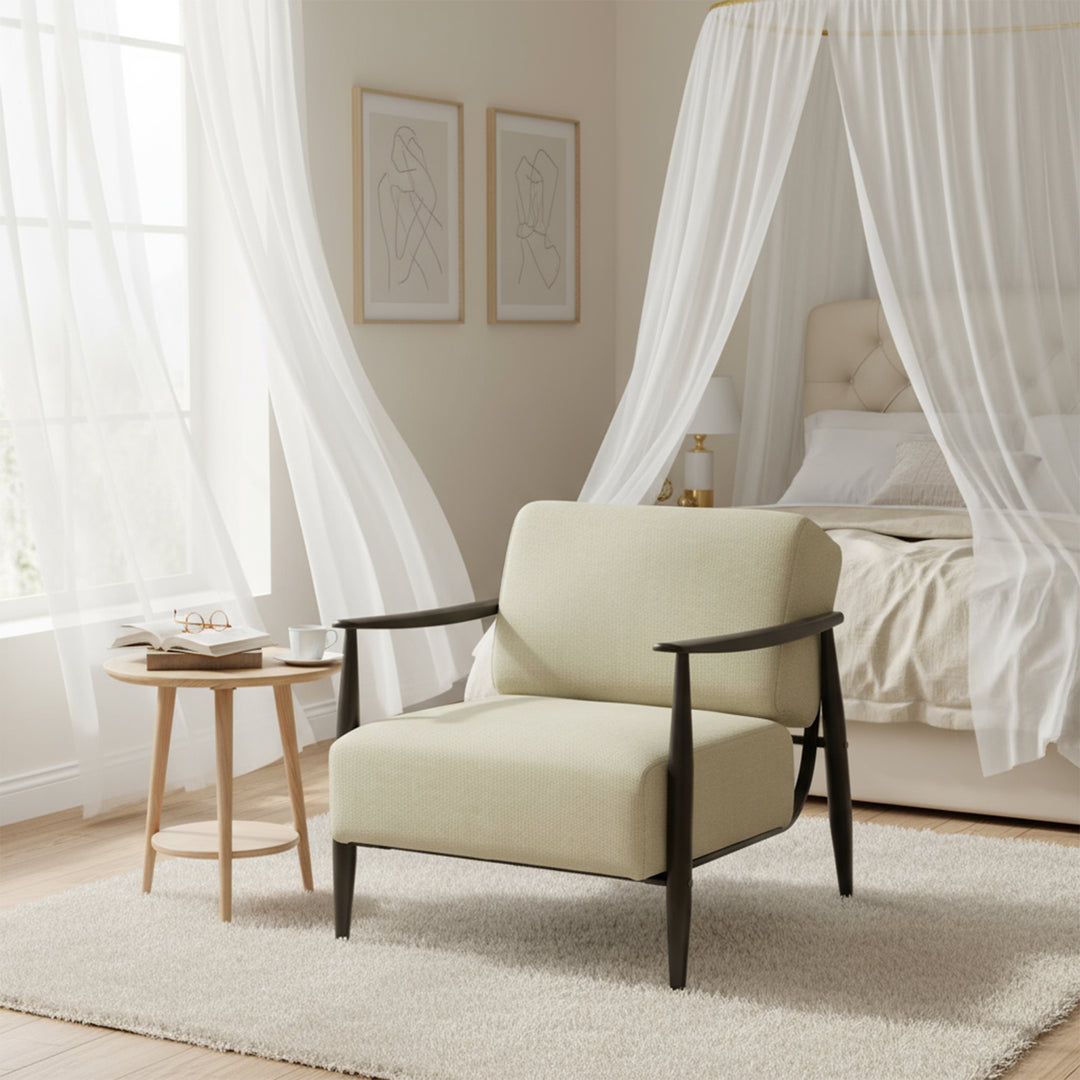 FurnitureR Mid-Century Modern Accent Chair, Beige Upholstered Armchair with Solid Brown Frame, Comfy Reading Chair for Living Room, Bedroom, Office