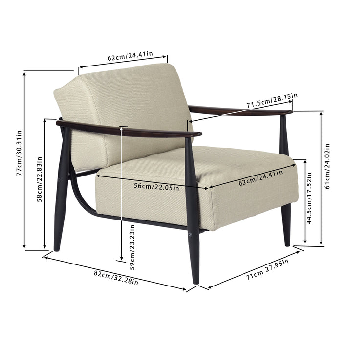FurnitureR Mid-Century Modern Accent Chair, Beige Upholstered Armchair with Solid Brown Frame, Comfy Reading Chair for Living Room, Bedroom, Office