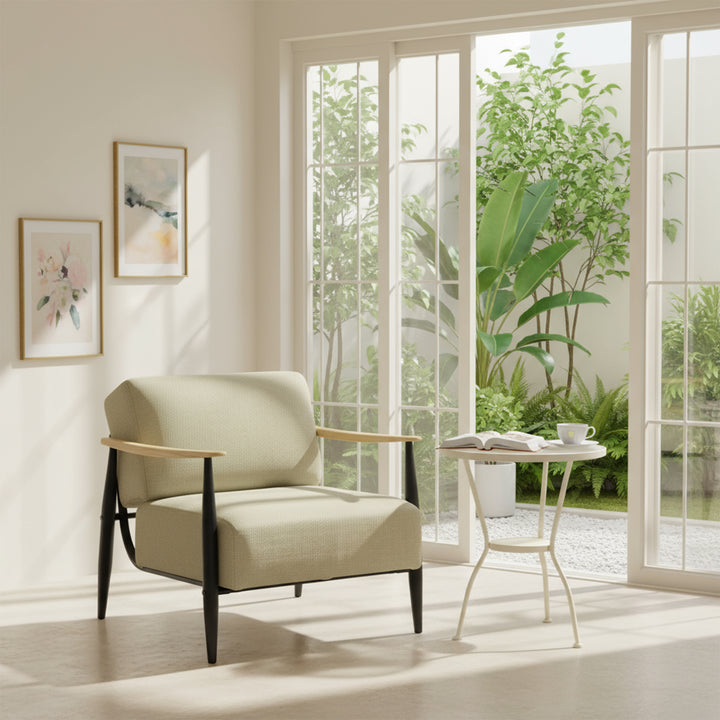 FurnitureR Mid-Century Modern Accent Chair, Beige Upholstered Armchair with Solid Oak Frame, Comfy Reading Chair for Living Room, Bedroom, Office