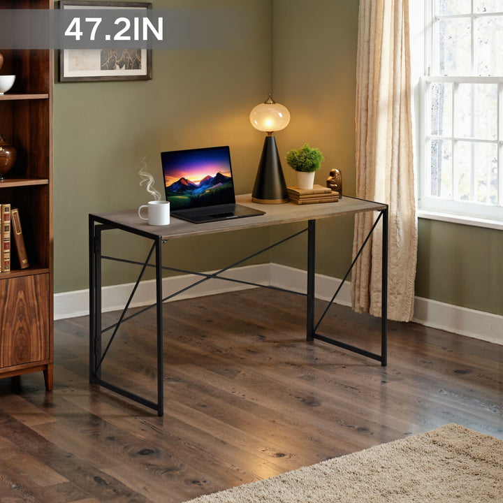 FurnitureR Foldable Industrial Desk with Rustic Wood Grain Top,Sturdy Metal Frame, Space-Saving Design for Home Office, Study, Dorm, Apartments