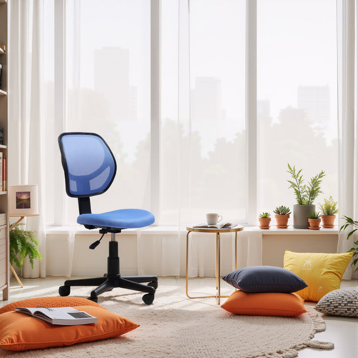 Chaise de bureau FurnitureR en maille sans accoudoirs, ergonomique, réglable, dossier mi-haut, compacte, pivotante et à roulettes, idéale pour le travail à domicile ou au bureau, bleue. 