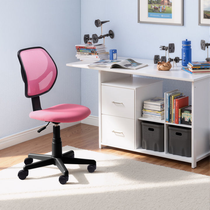 Chaise de bureau FurnitureR en maille sans accoudoirs, ergonomique, réglable, dossier mi-haut, compacte, pivotante et à roulettes, idéale pour le travail à domicile ou au bureau, rose. 