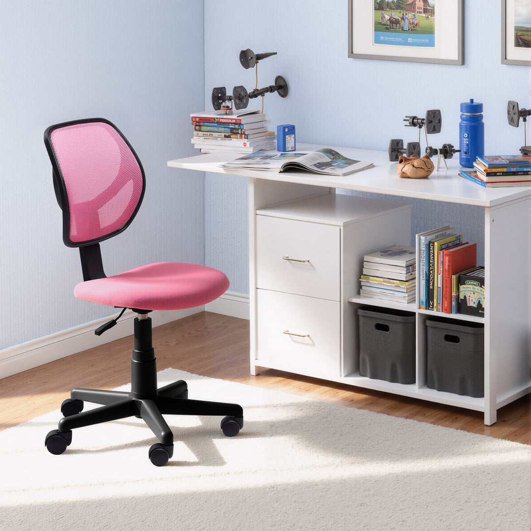 Chaise de bureau FurnitureR en maille sans accoudoirs, ergonomique, réglable, dossier mi-haut, compacte, pivotante et à roulettes, idéale pour le travail à domicile ou au bureau, rose. 