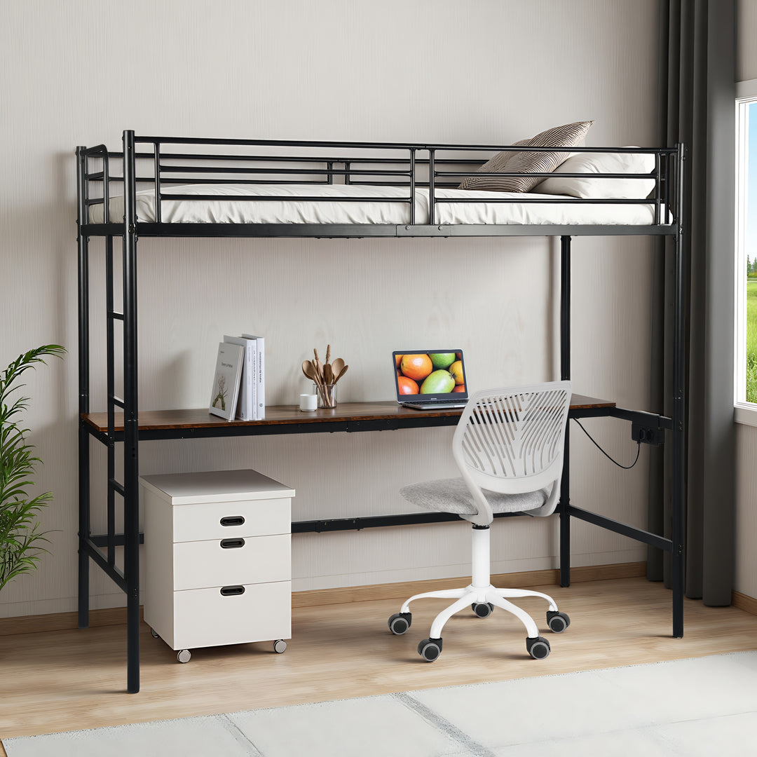 FurnitureR Loft Bed with Desk, Twin Size Metal Loft Bed Frame with Workstation & Ladder, High Loft Bunk Bed with Guardrails, Industrial Black/Brown