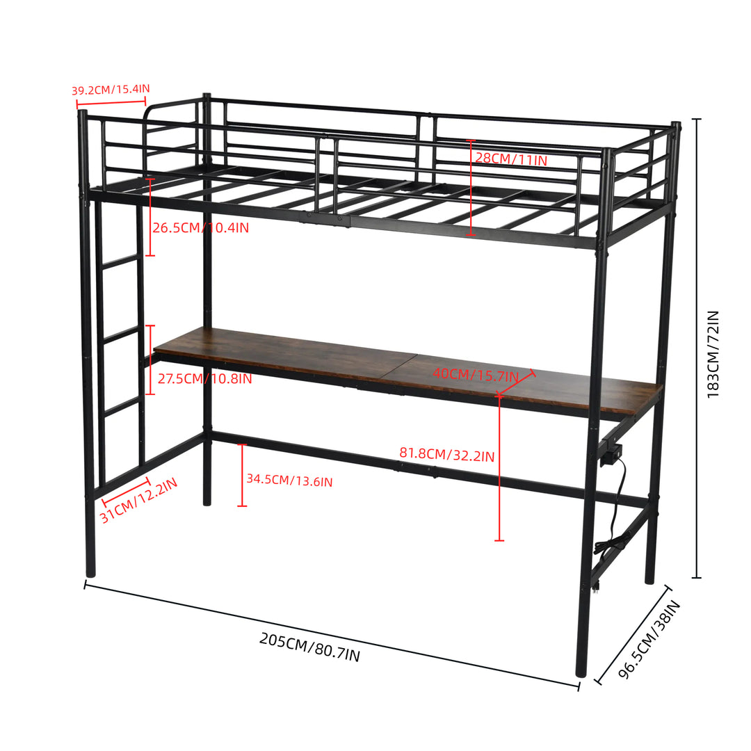 FurnitureR Loft Bed with Desk, Twin Size Metal Loft Bed Frame with Workstation & Ladder, High Loft Bunk Bed with Guardrails, Industrial Black/Brown