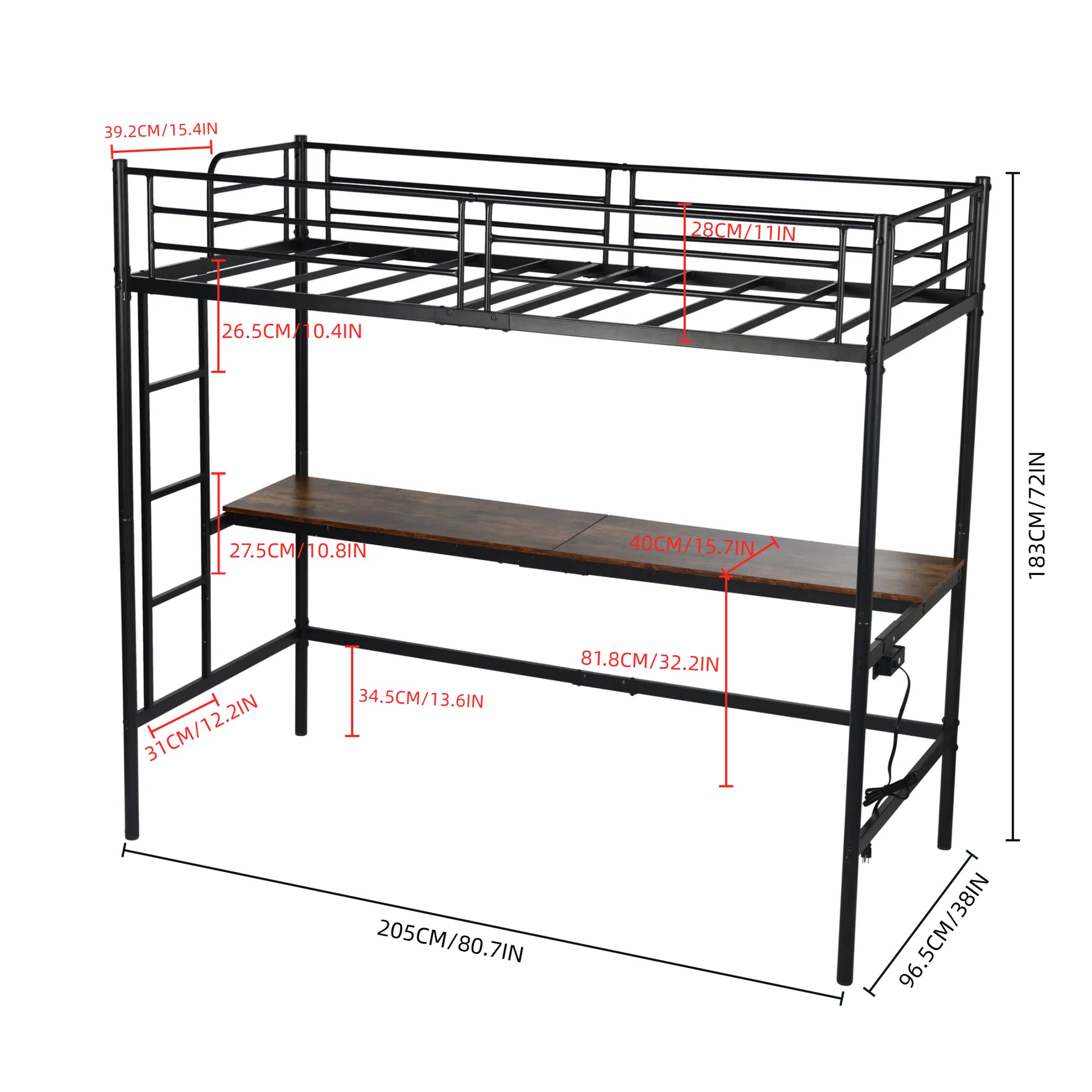 Lit mezzanine FurnitureR avec bureau, cadre de lit mezzanine en métal pour lit simple avec poste de travail et échelle, lit superposé mezzanine haut avec barrières de sécurité, noir/marron industriel
