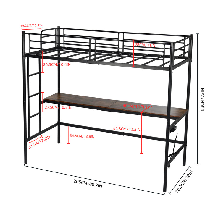 FurnitureR Loft Bed with Desk, Twin Size Metal Loft Bed Frame with Workstation & Ladder, High Loft Bunk Bed with Guardrails, Industrial Black/Brown