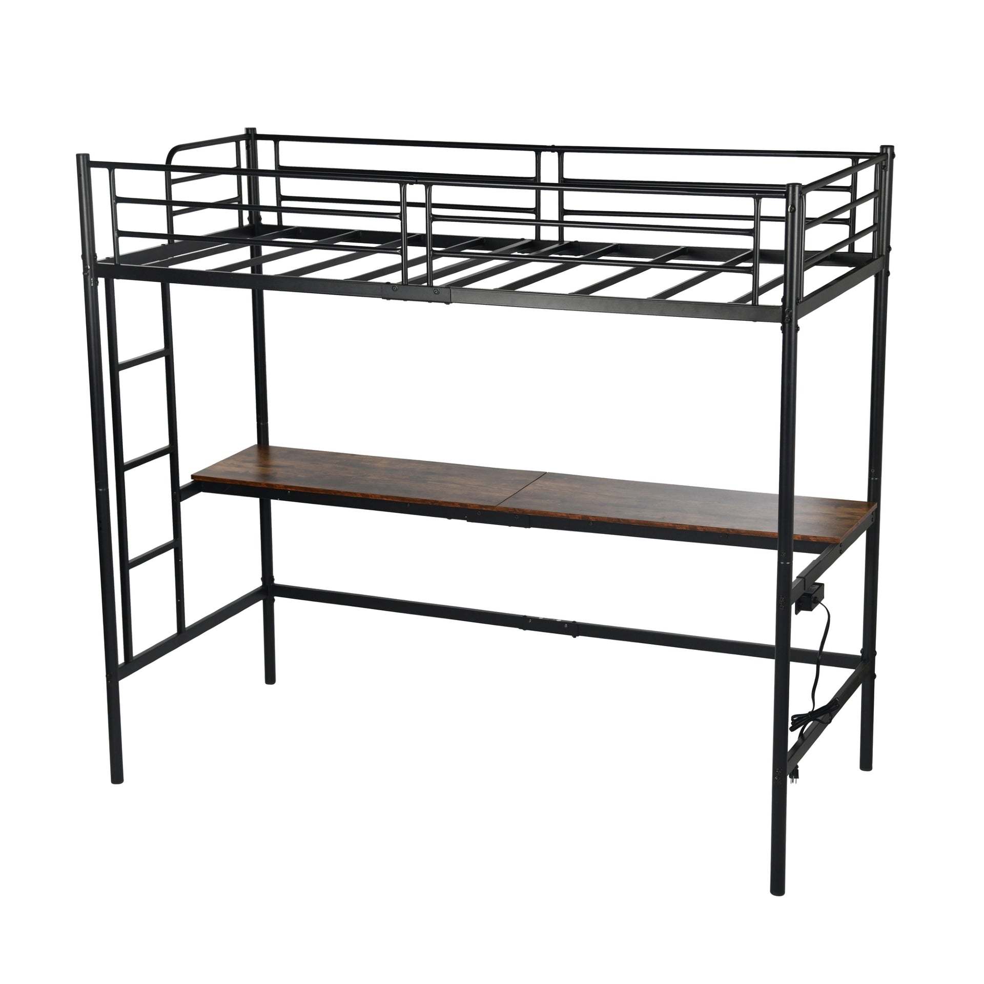 Lit mezzanine FurnitureR avec bureau, cadre de lit mezzanine en métal pour lit simple avec poste de travail et échelle, lit superposé mezzanine haut avec barrières de sécurité, noir/marron industriel