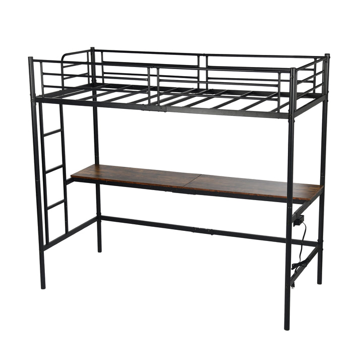 FurnitureR Loft Bed with Desk, Twin Size Metal Loft Bed Frame with Workstation & Ladder, High Loft Bunk Bed with Guardrails, Industrial Black/Brown