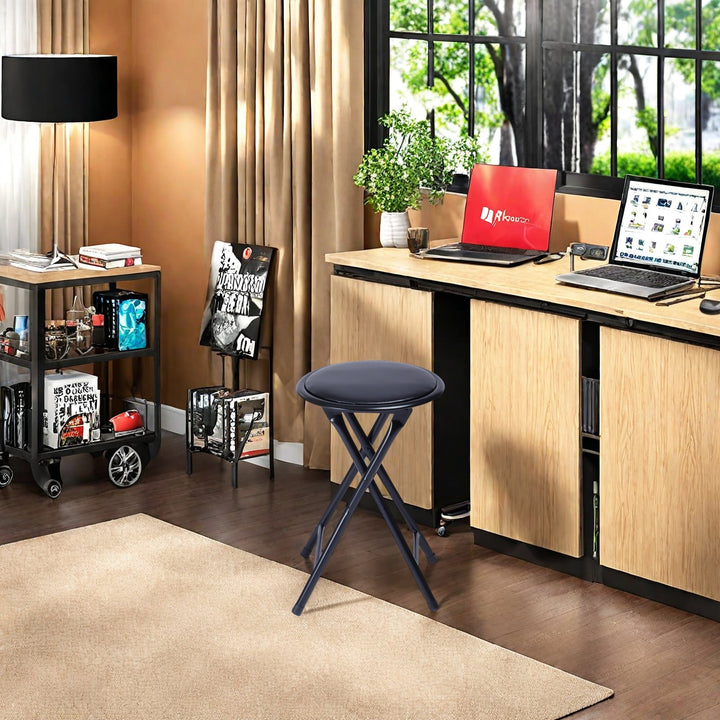 FurnitureR Folding Stools Set of 1, 18-Inch Backless Stool Chairs Collapsible Padded Round Portable for Indoor/Outdoor, Metal Frame, PVC Cushion