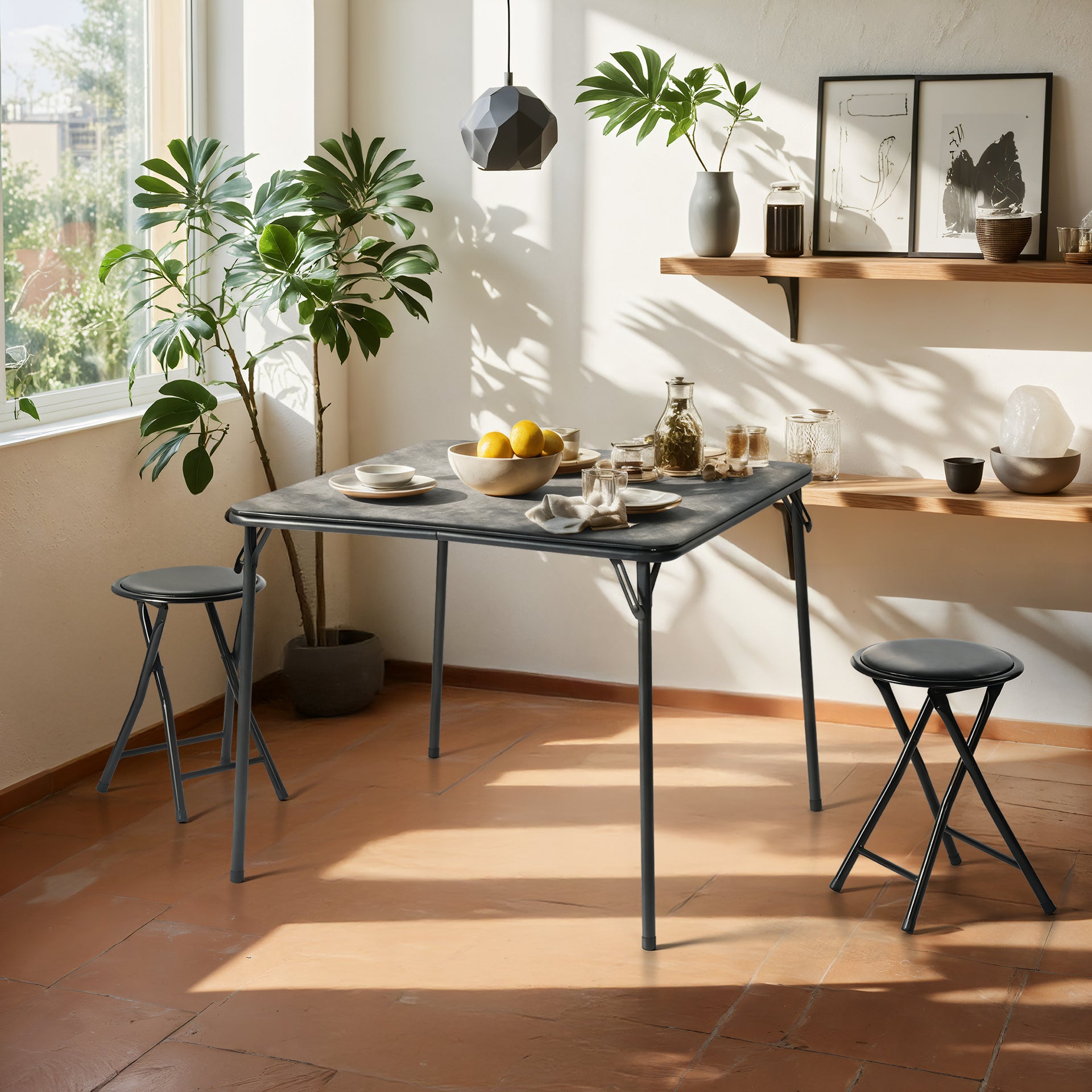 Ensemble table et chaises pliantes 3 pièces FurnitureR pour 2 personnes, table carrée compacte avec 2 tabourets, idéal pour les petits espaces, maison, terrasse, noir