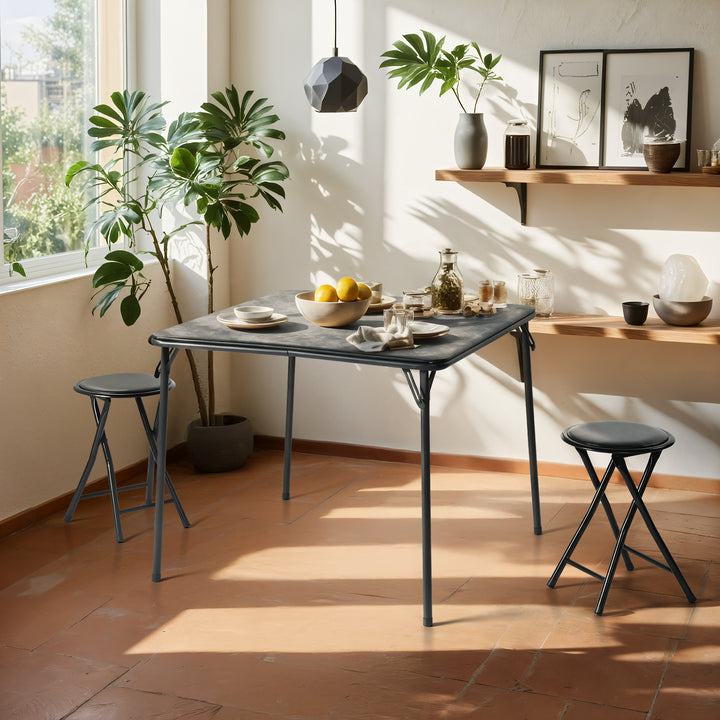 FurnitureR 3-Piece Folding Table and Chair Set for 2, Space-Saving Square Card Table with 2 Stools, Ideal for Small Spaces, Home, Patio, Black