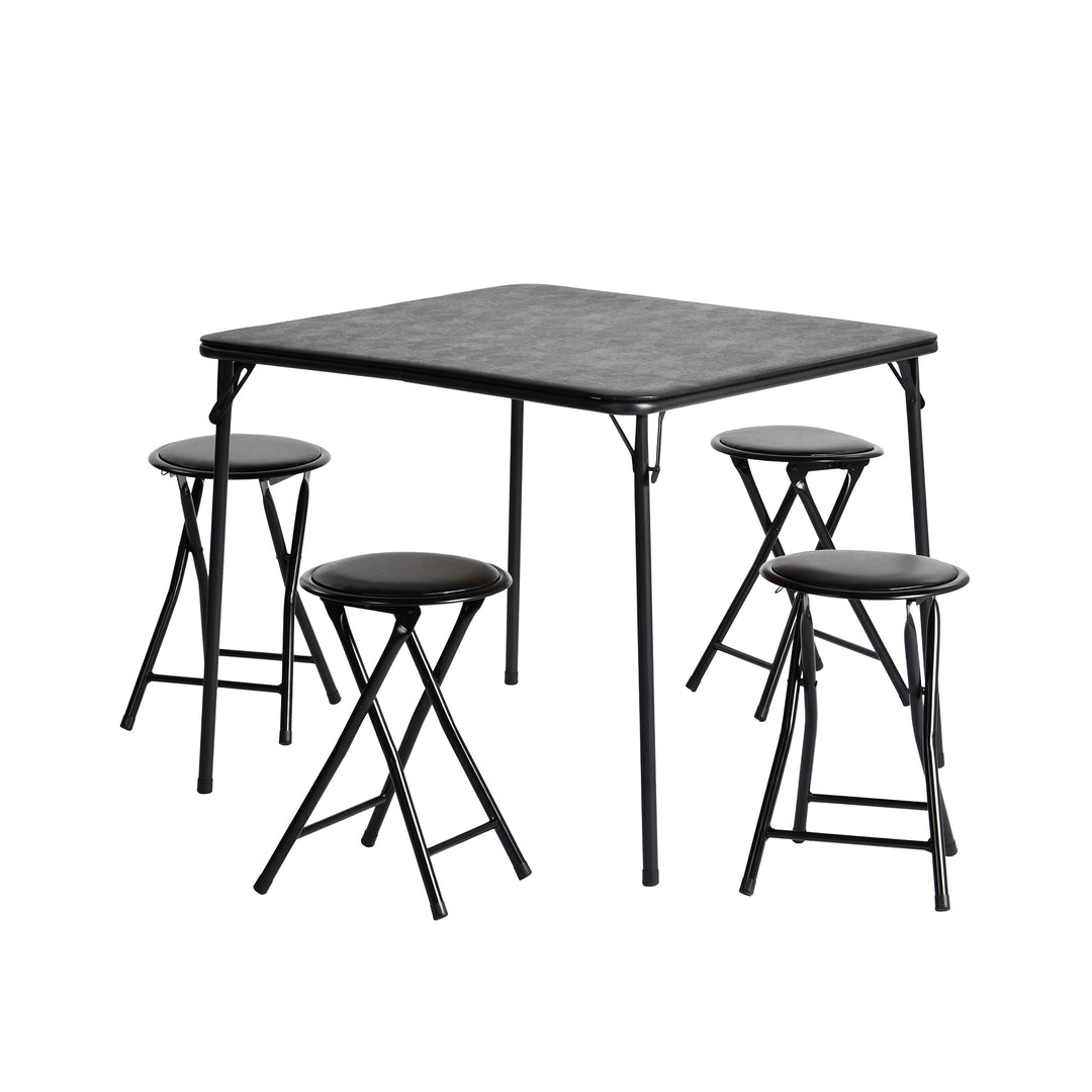 FurnitureR 5-Piece Folding Table and Chair Set for 4, Space-Saving Square Card Table with Stools, Ideal for Small Spaces, Home, Patio, Black