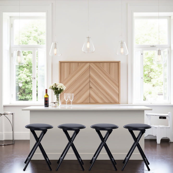 FurnitureR Folding Stools Set of 4, 18-Inch Backless Stool Chairs Collapsible Padded Round Portable for Indoor/Outdoor, Metal Frame, PVC Cushion