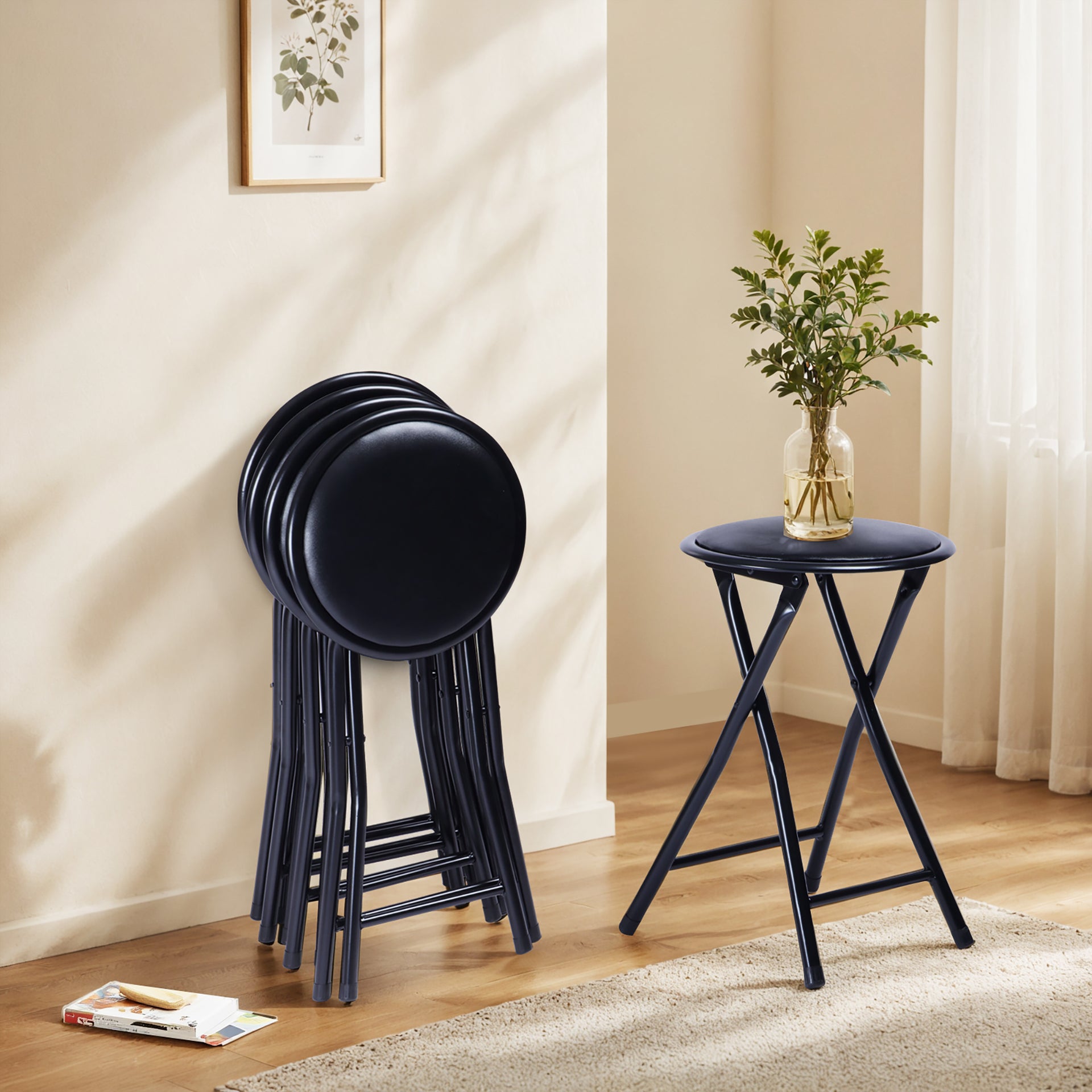 Tabourets pliants FurnitureR, lot de 2, 45 cm, sans dossier, pliables, rembourrés, ronds, portables, pour intérieur/extérieur, structure en métal, coussin en PVC