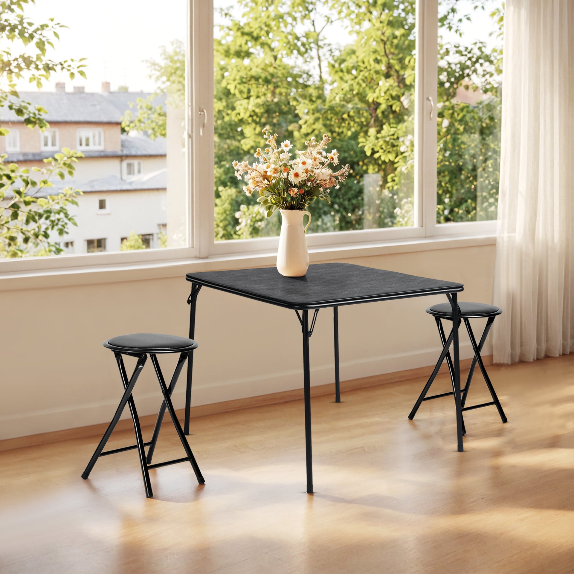 Ensemble table et chaises pliantes 3 pièces FurnitureR pour 2 personnes, table carrée compacte avec 2 tabourets, idéal pour les petits espaces, maison, terrasse, noir