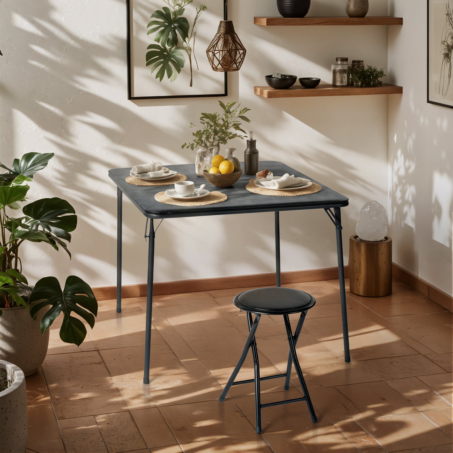 Ensemble table et chaise pliantes FurnitureR 2 pièces pour 1 personne, table carrée compacte avec tabouret, idéal pour les petits espaces, maison, terrasse, noir