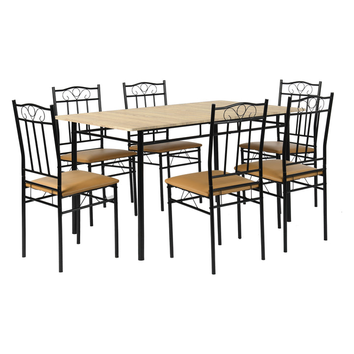 Ensemble de salle à manger FurnitureR 7 pièces pour 6 personnes, table de cuisine rectangulaire avec 6 chaises à dossier haut en cuir PU, ensemble de salle à manger confortable, hêtre