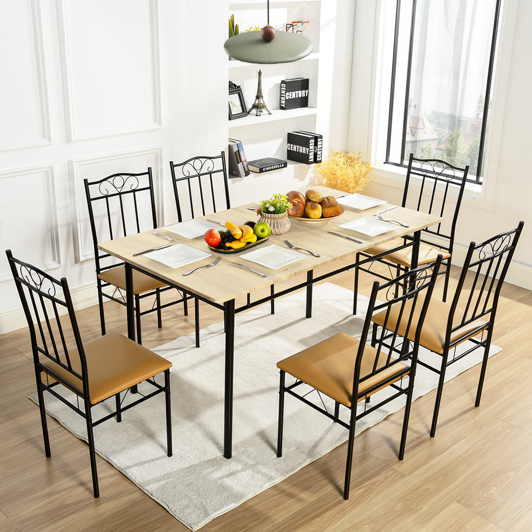 Ensemble de salle à manger FurnitureR 7 pièces pour 6 personnes, table de cuisine rectangulaire avec 6 chaises à dossier haut en cuir PU, ensemble de salle à manger confortable, hêtre