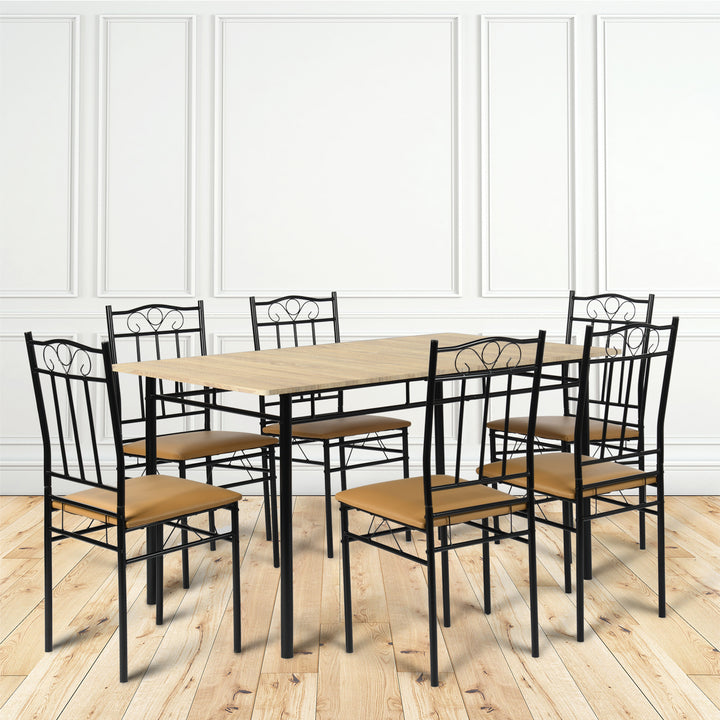 Ensemble de salle à manger FurnitureR 7 pièces pour 6 personnes, table de cuisine rectangulaire avec 6 chaises à dossier haut en cuir PU, ensemble de salle à manger confortable, hêtre