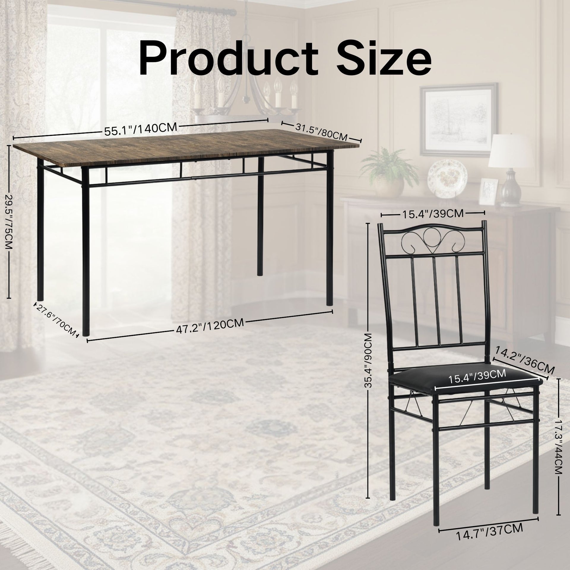 Table de salle à manger rectangulaire FurnitureR avec 6 chaises en similicuir, ensemble table et chaises de cuisine pour 4 à 6 personnes, marron vintage/noir 