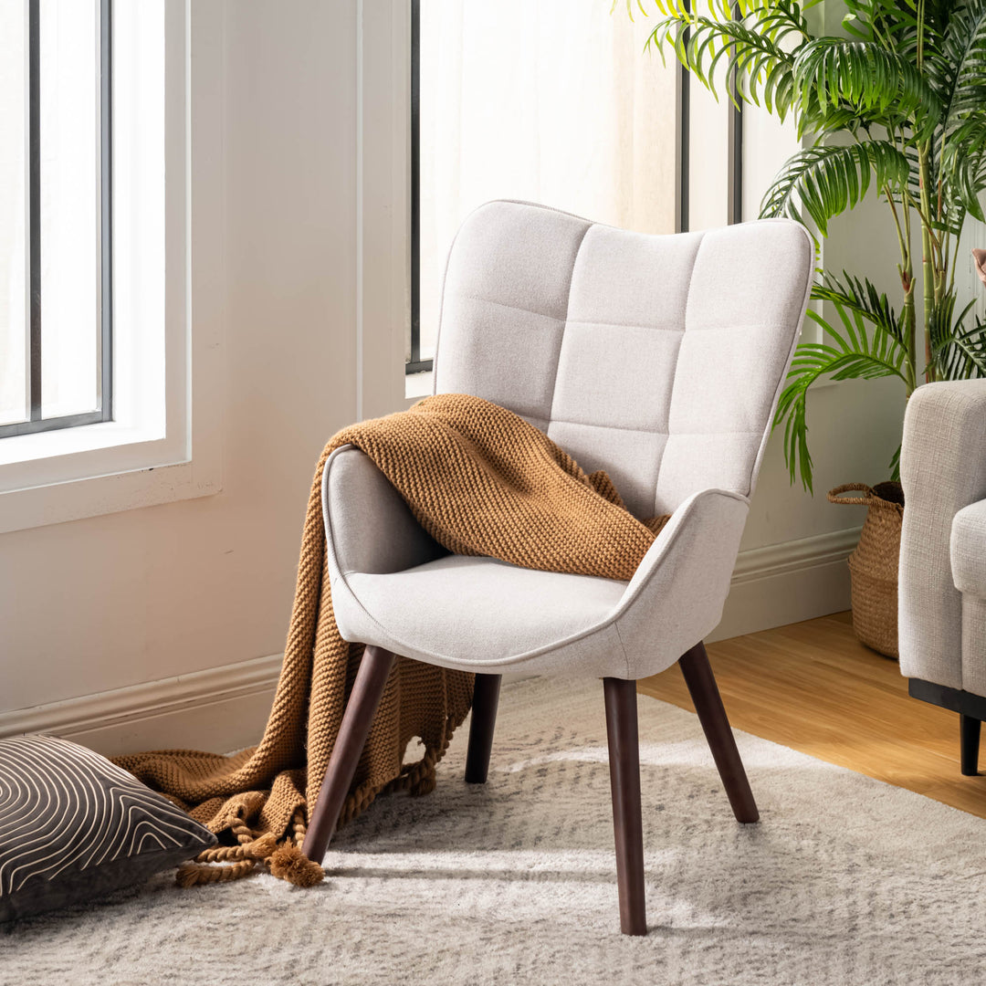 FurnitureR Ohrensessel mit Knopfheftung für Schlaf-/Wohnzimmer, ergonomischer Sessel mit hoher Rückenlehne, Stoffbezug, Beige/Walnuss